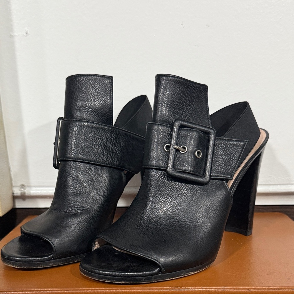 Stuart Weitzman Black Leather Open Toe High Heels Slingback Bootie Shoes